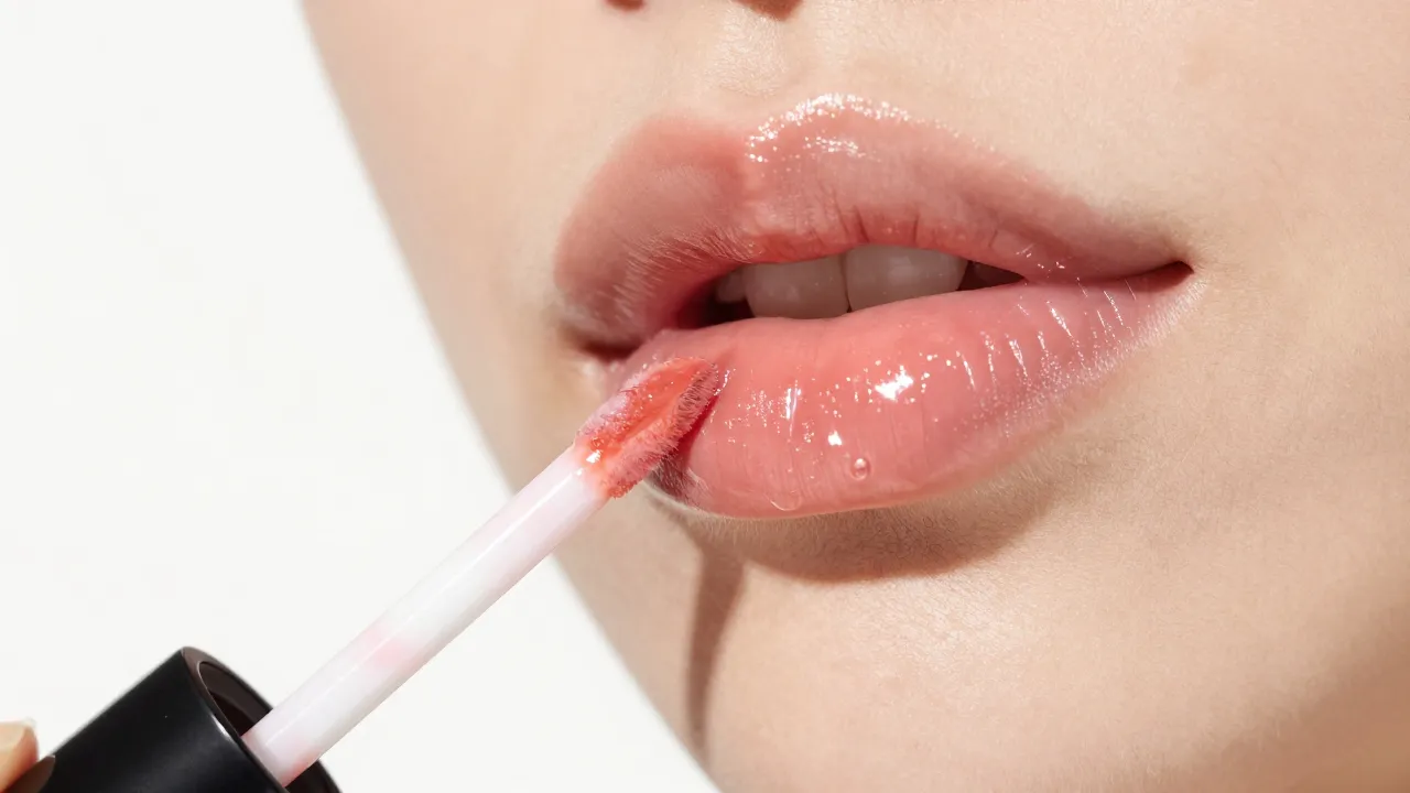 Close-up of clear lip gloss being applied from doe foot applicator with bright clean background