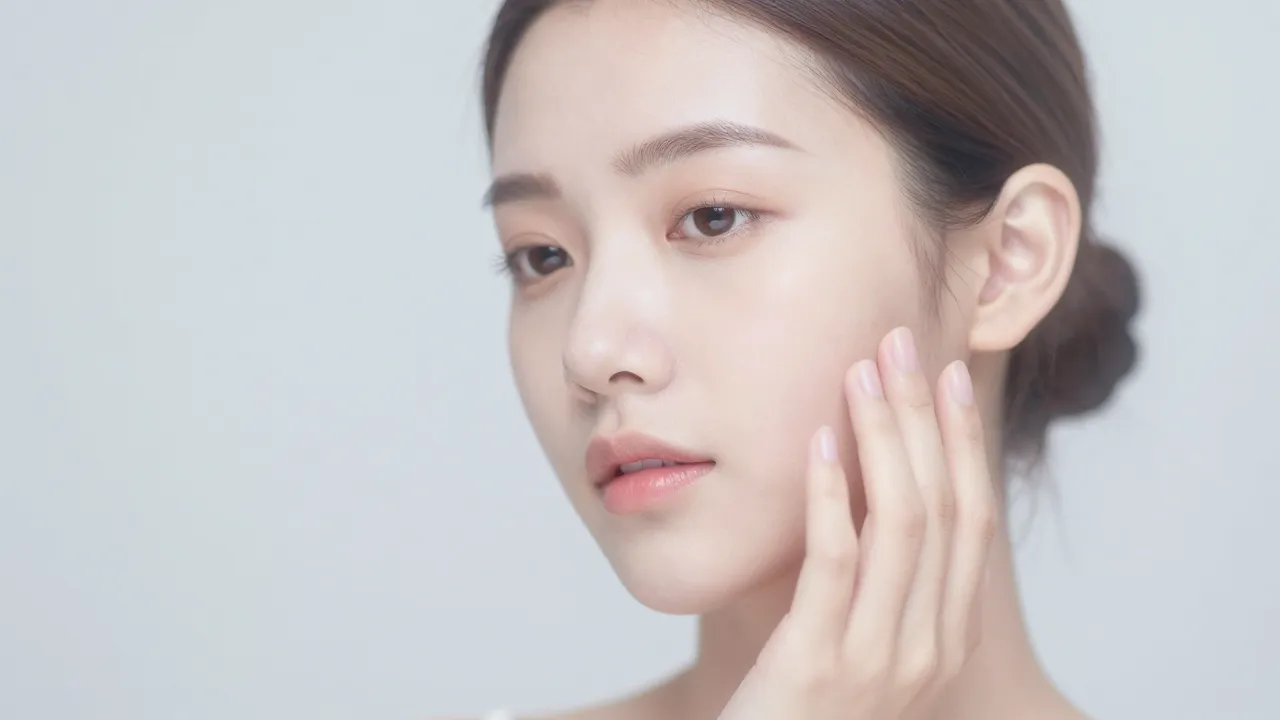 Woman with poreless blurred cloud skin finish touching her cheek in soft diffused lighting