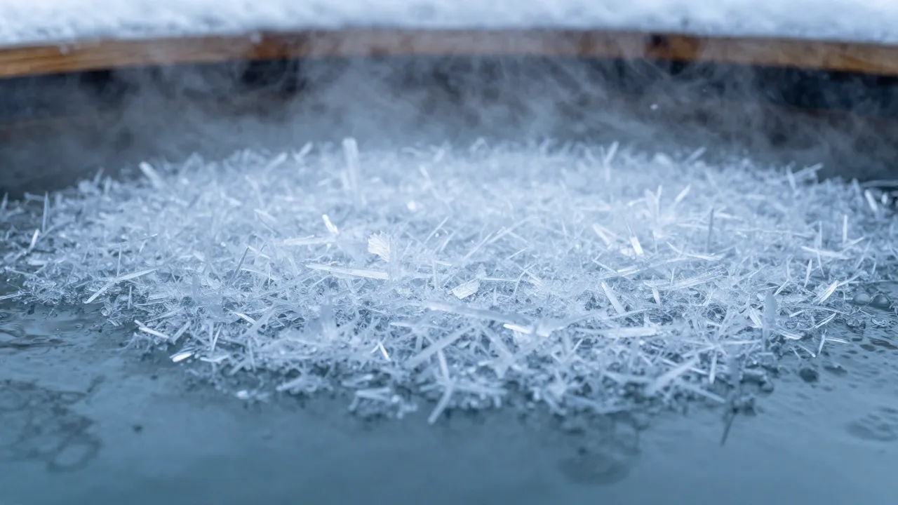 Ice crystals forming on cold plunge water surface with steam rising in blue-white winter tones