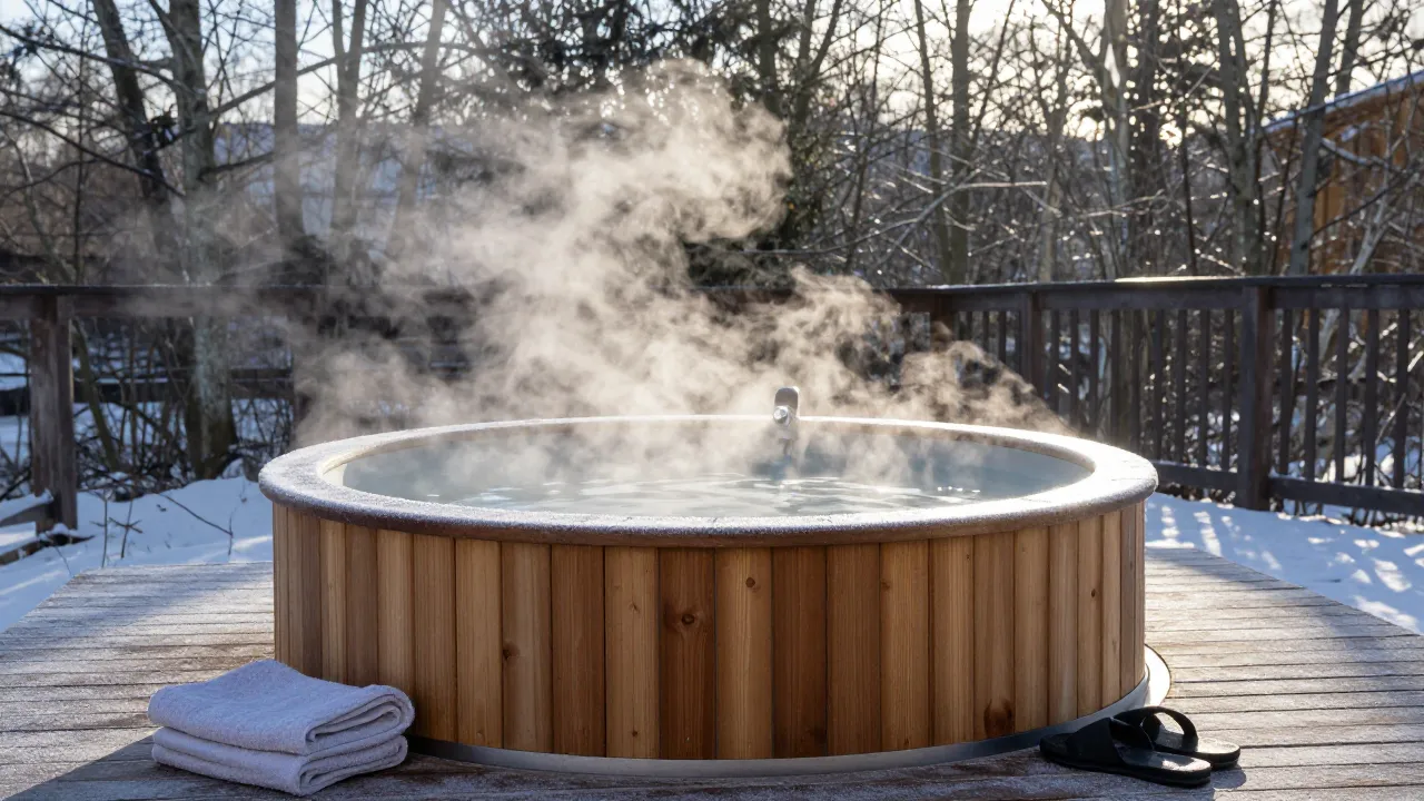 Wooden cold plunge tub on outdoor deck surrounded by winter trees with steam rising