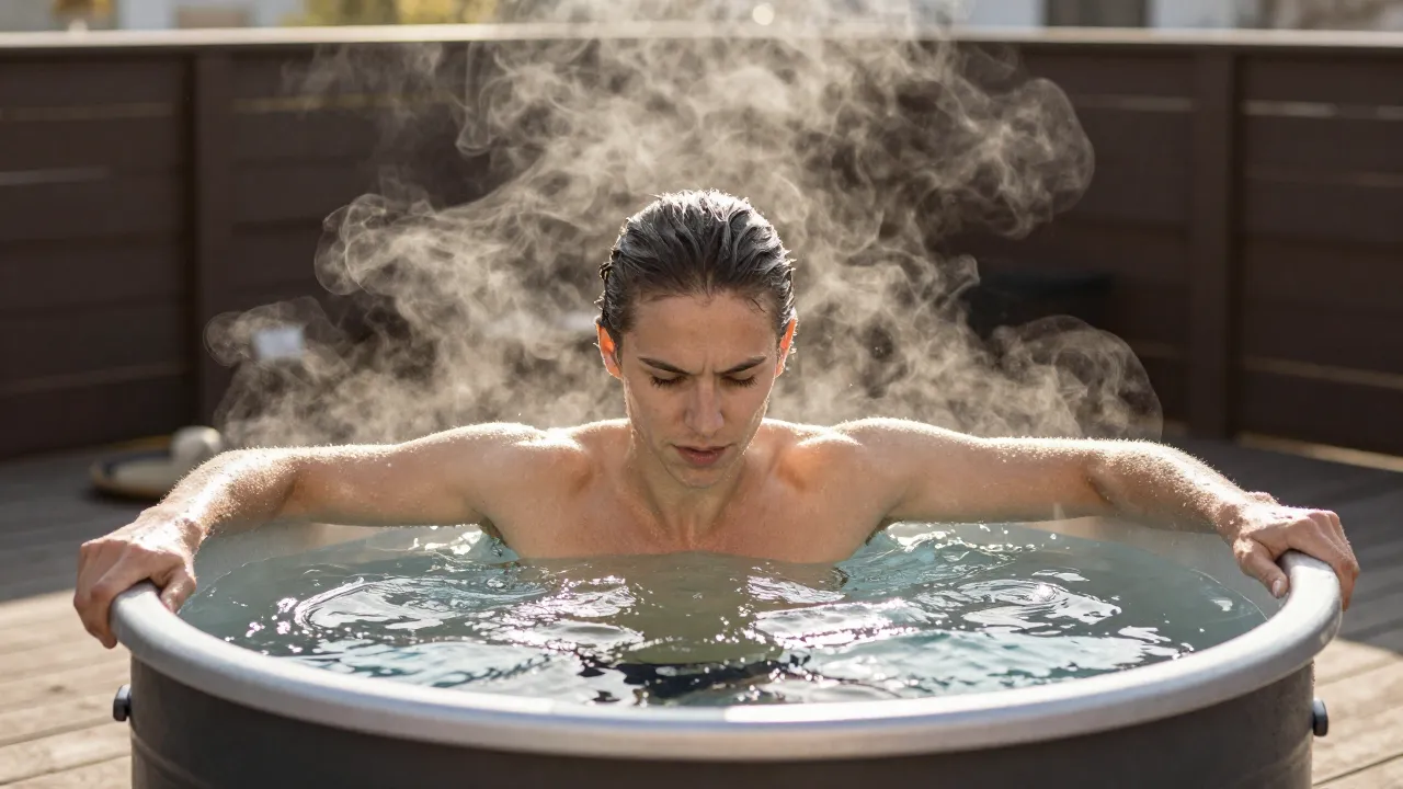 Athletic person stepping into cold plunge tub on outdoor deck with steam rising in morning sunlight