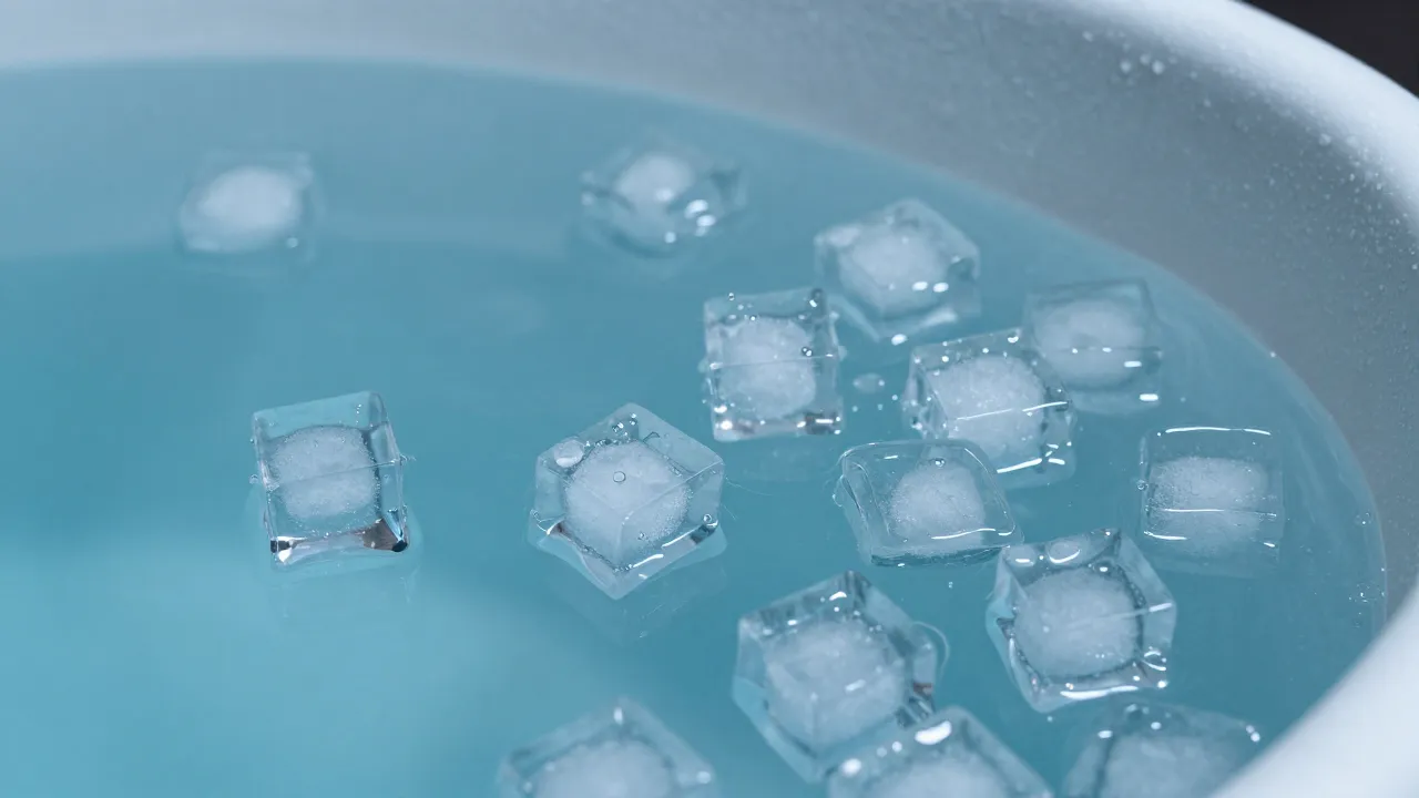 Close-up of ice cubes floating in crystal clear cold plunge water with condensation on tub edge