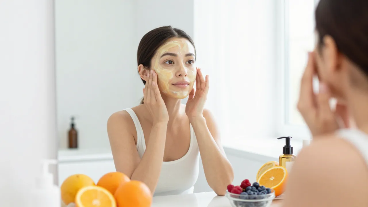 Woman with glowing skin touching face with collagen-boosting foods visible in background