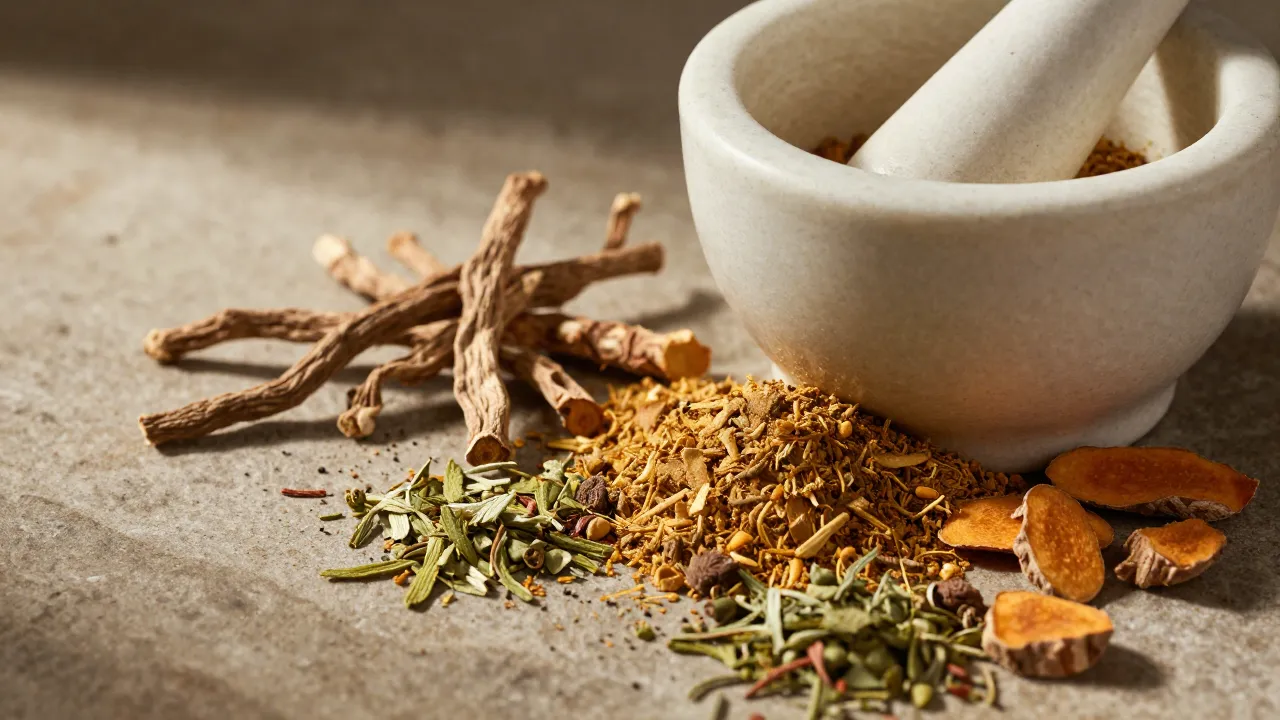 Ceramic mortar and pestle grinding adaptogenic herbs with scattered ashwagandha roots and turmeric