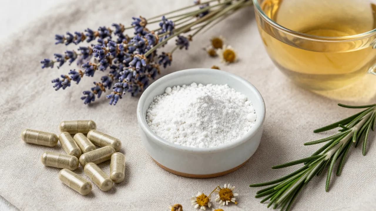 Cortisol-lowering herbal capsules, magnesium powder, lavender, and chamomile tea on linen cloth