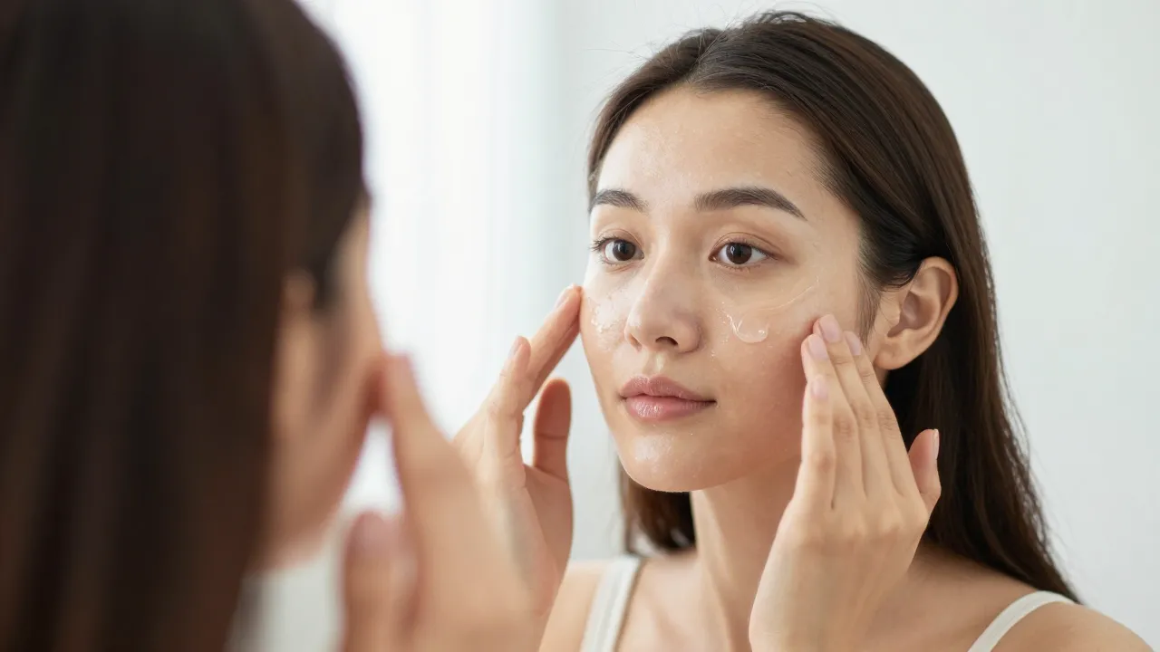 Woman applying clear gel serum to face in bright bathroom with glass skin glow visible