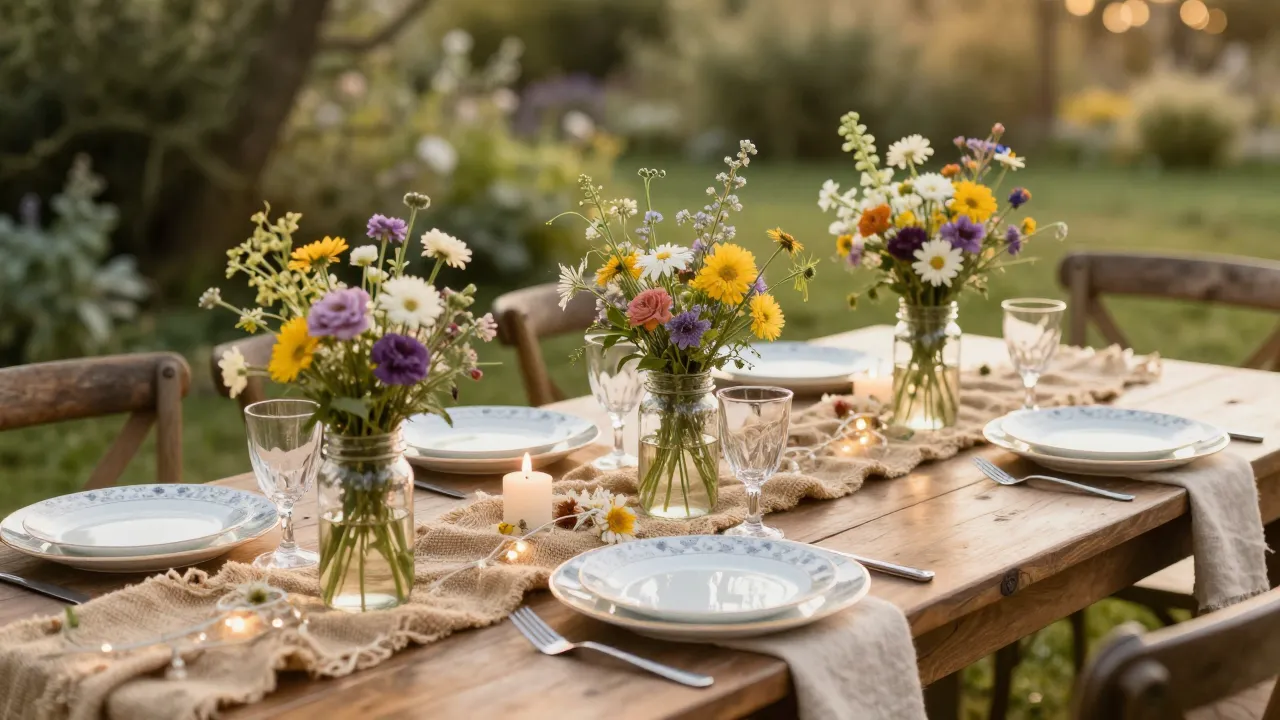 Rustic outdoor wedding table with wildflowers in mason jars burlap runners and fairy lights