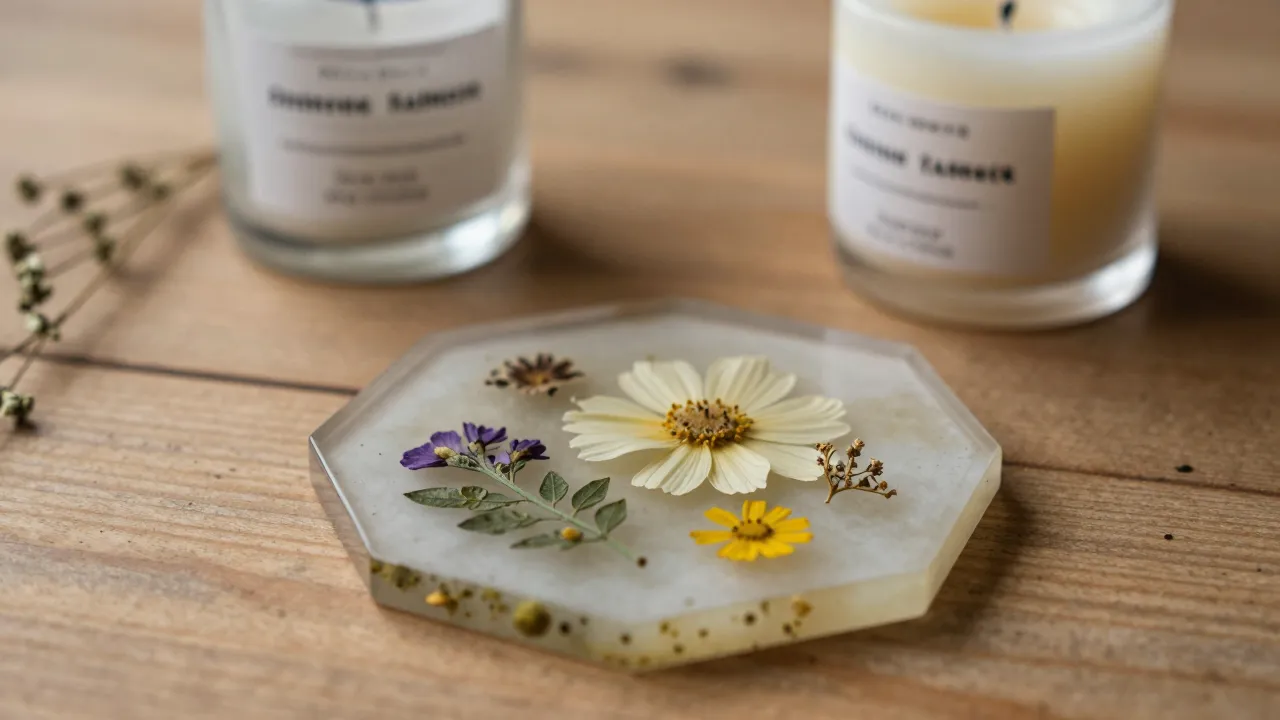 Close-up of pressed flower resin coaster and handmade beeswax candle with dried herbs