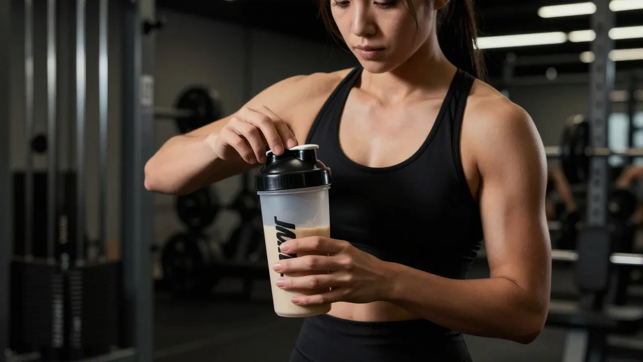 Athletic person mixing pre-workout drink in gym shaker bottle in weight room with dramatic lighting