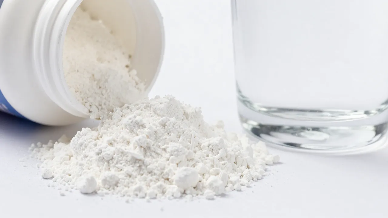 Close-up of white creatine powder being scooped showing fine texture next to glass of water
