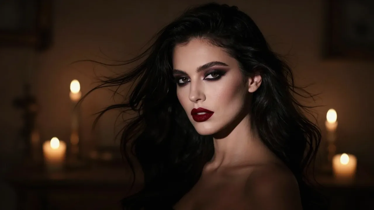 Woman with bold dark makeup and flowing hair in moody candlelit room with dramatic lighting
