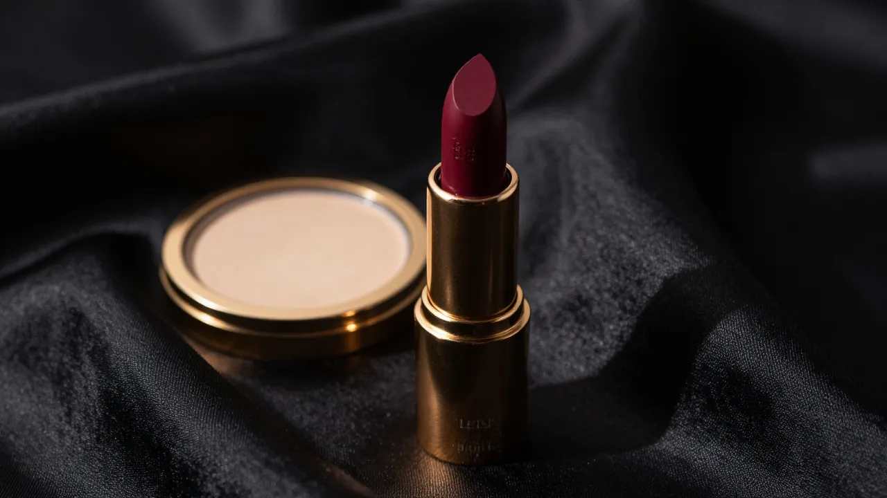 Close-up of dark burgundy lipstick bullet and gold compact mirror on black satin fabric