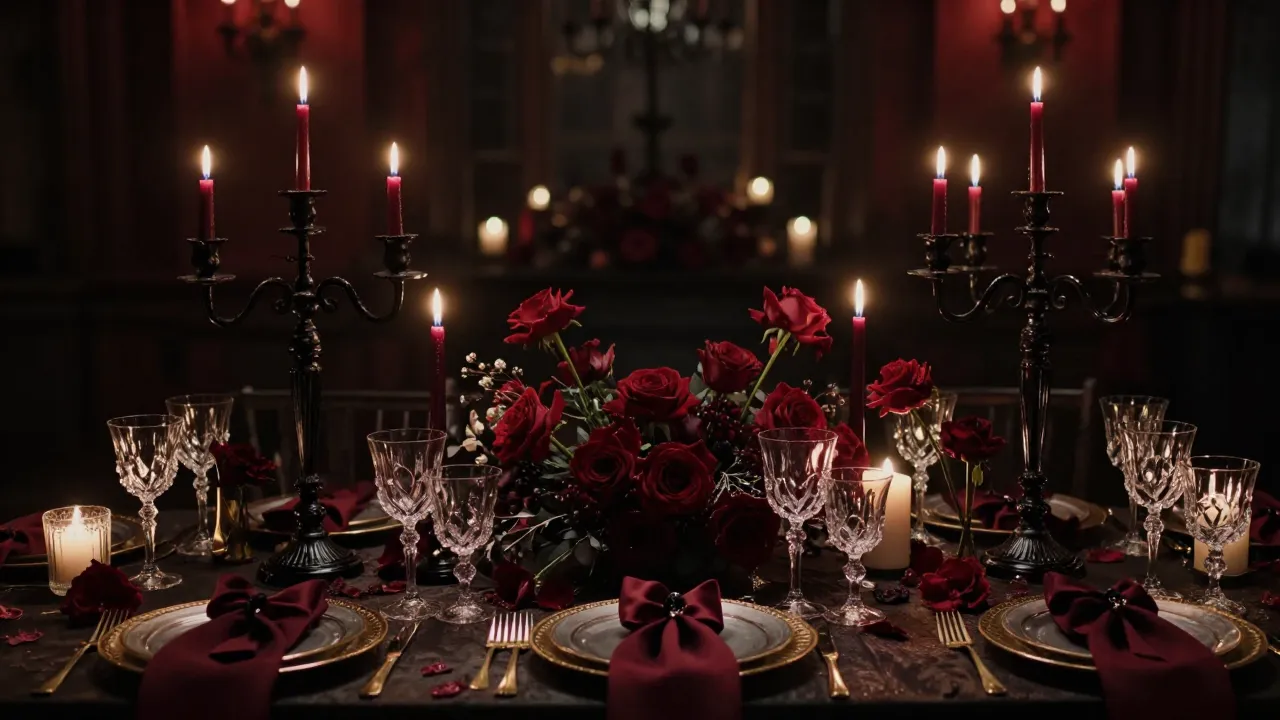 Dark romance wedding table setting with black candelabras deep red florals and crystal glasses