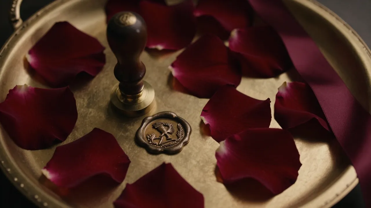 Close-up of dark red rose petals on gold tray with antique wax seal stamp and burgundy ribbon
