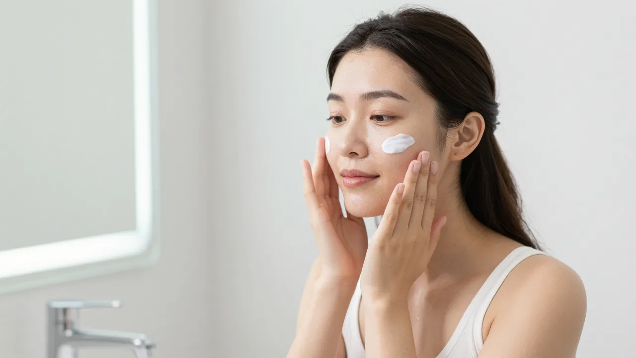 Woman applying SPF moisturizer in bright clean bathroom with healthy glowing skin