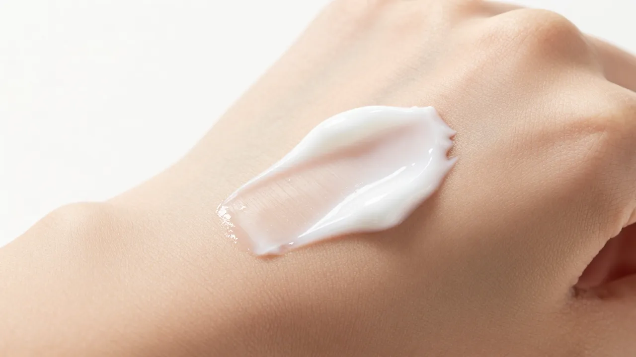 Close-up of gentle moisturizer cream swatch on forearm showing smooth application texture