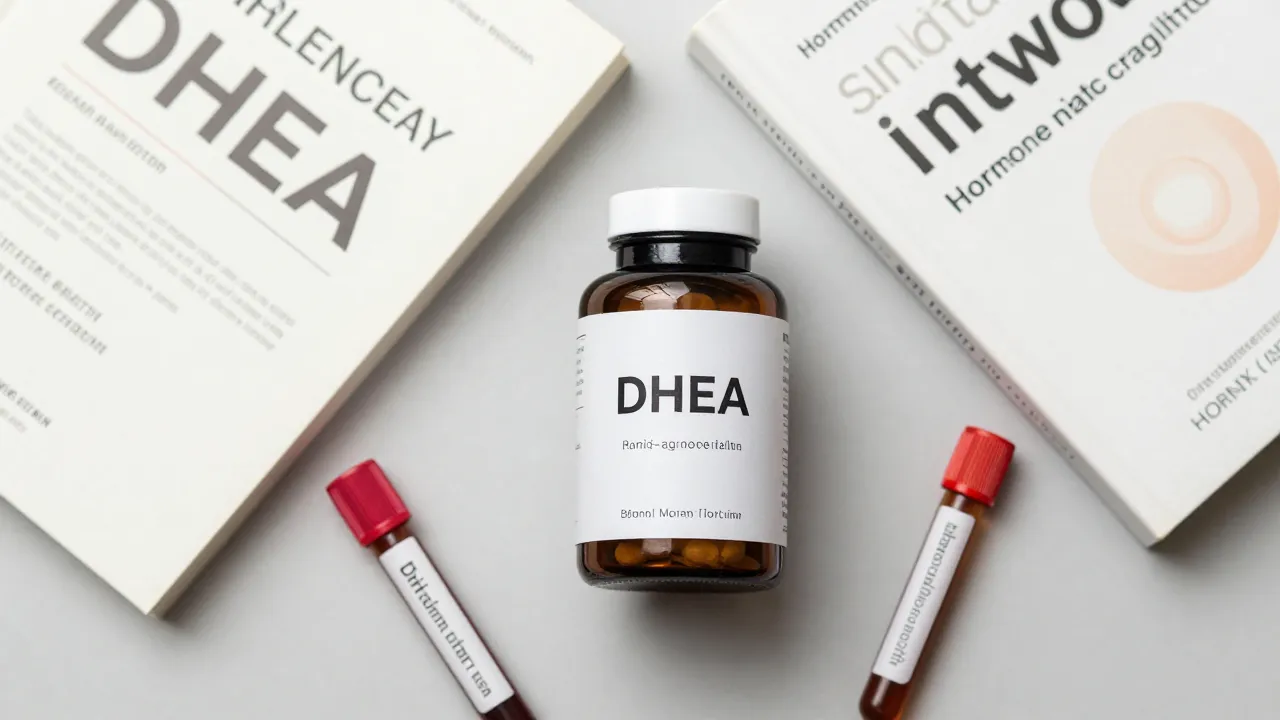 Anti-aging supplement flat lay with DHEA bottles alongside hormone health books and blood test vial