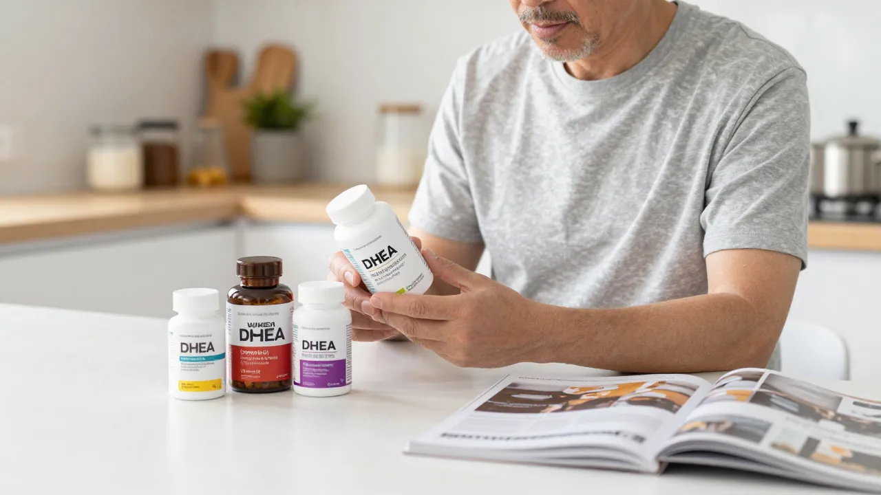 Person reviewing supplement labels in bright modern kitchen with DHEA and vitamin bottles on counter