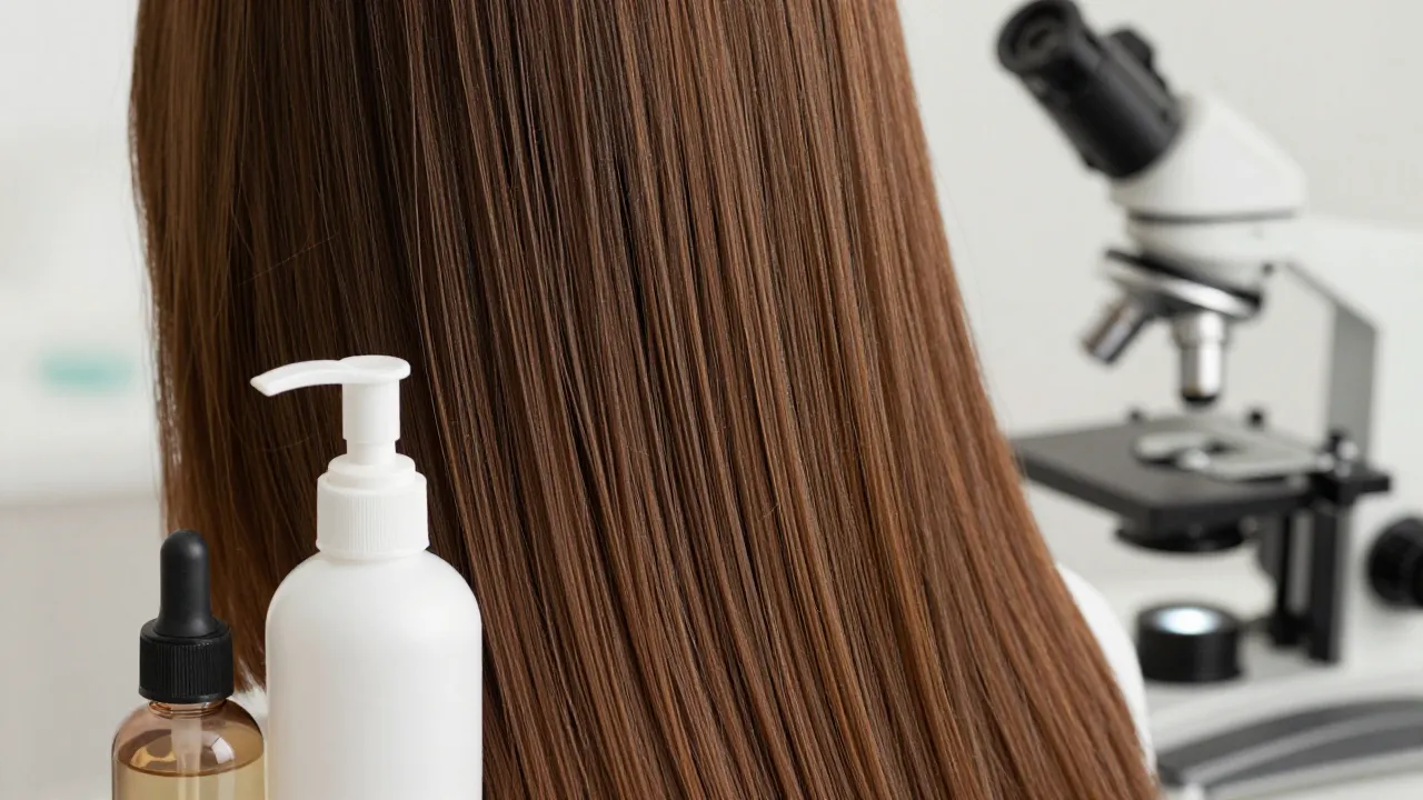 Close-up of healthy lustrous hair strands next to hair care products and a microscope