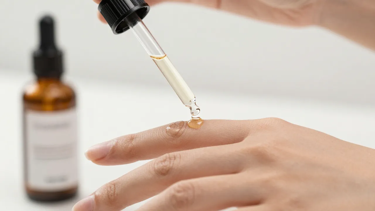 Dropper releasing retinol serum onto fingertips with skincare products in soft focus background