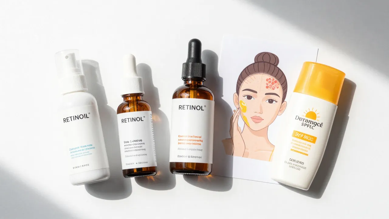 Dermatology-themed flat lay of retinol products alongside skin diagram and SPF sunscreen