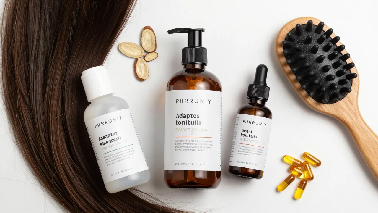 Hair health products alongside stress relief items including adaptogens and scalp massager