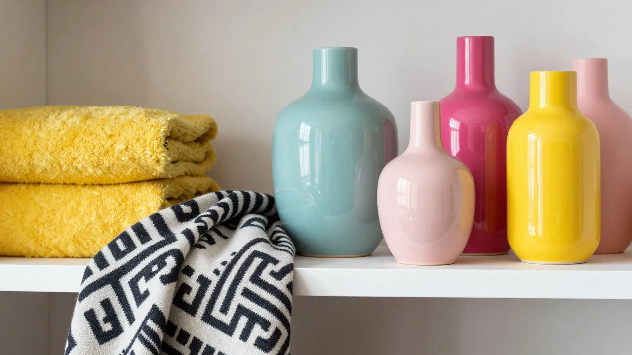 Colorful ceramic vases, patterned throw blankets, and bright accent pieces on a styled shelf