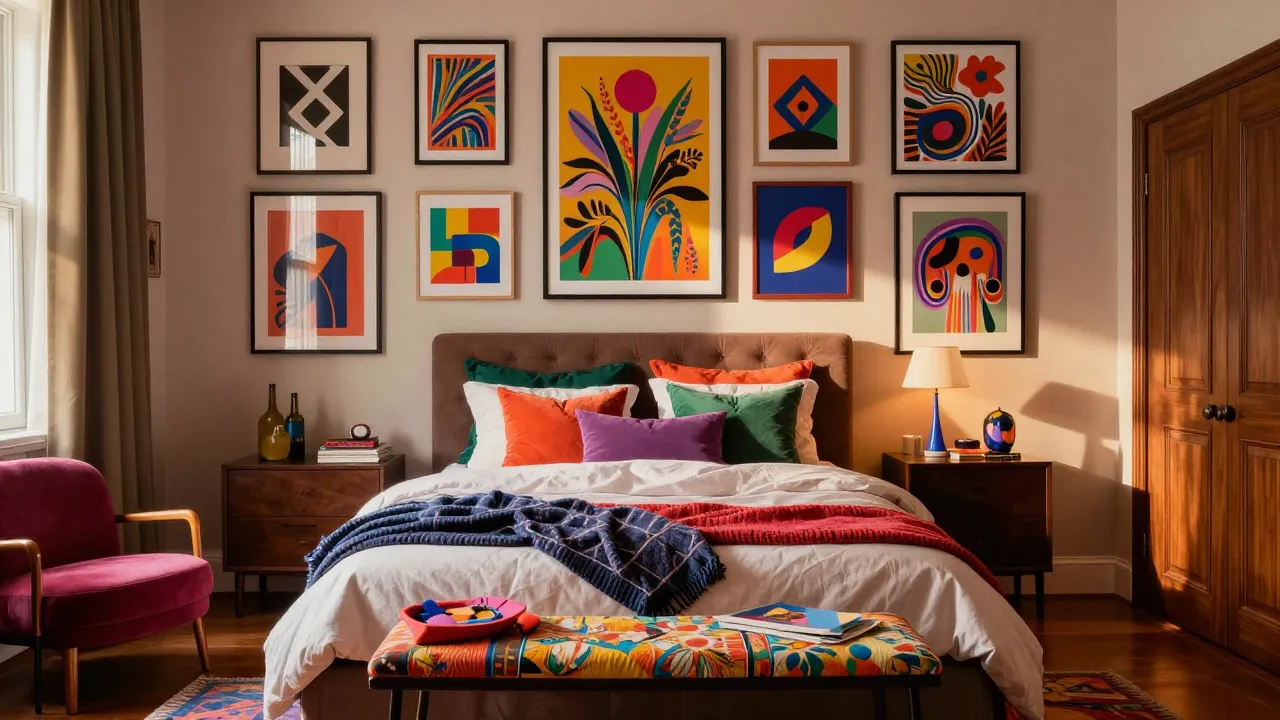 Eclectic maximalist bedroom with dopamine-inducing color palette and layered textiles