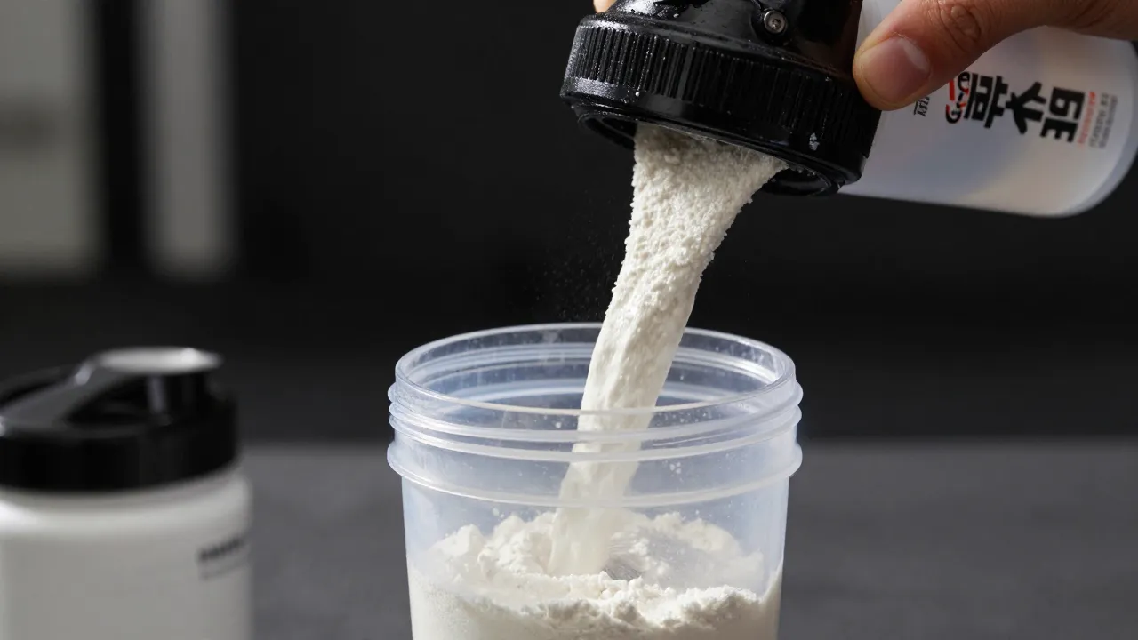 Pre-workout powder being mixed into water in a shaker bottle with clean gym background