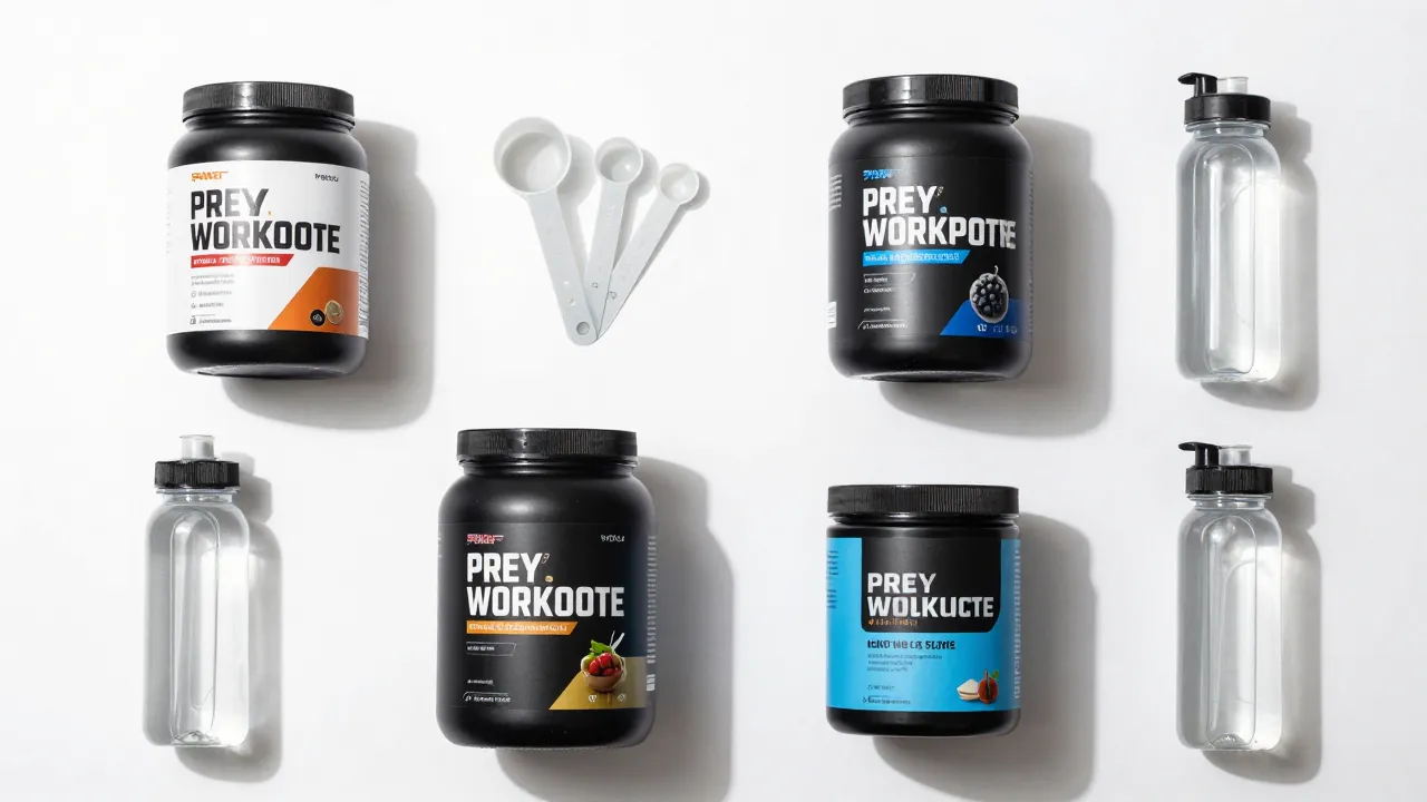Multiple pre-workout supplement containers with measuring scoops and water bottles for comparison