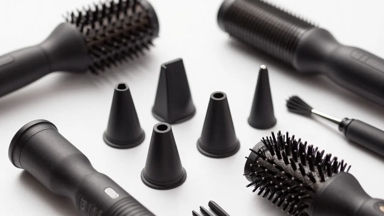Premium hair styling tool attachments and accessories arranged artfully with brushes and barrels