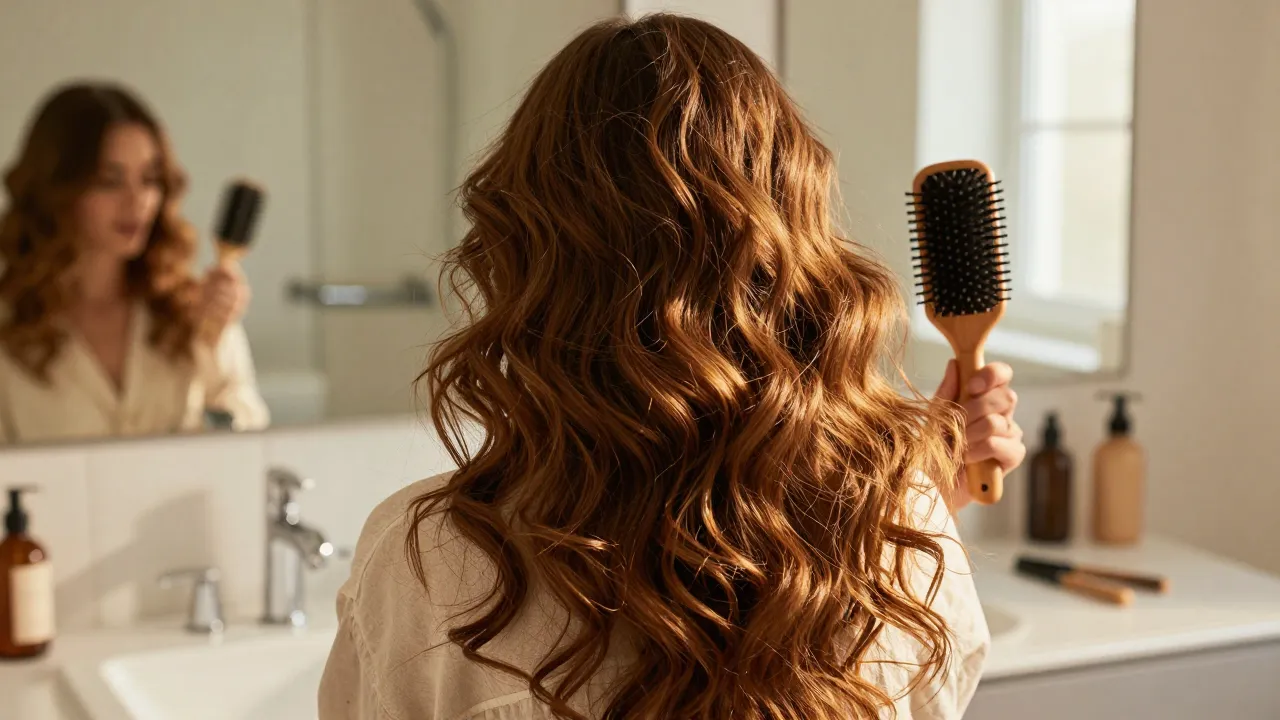 Beautifully styled voluminous hair with premium hair tools on bathroom counter in background