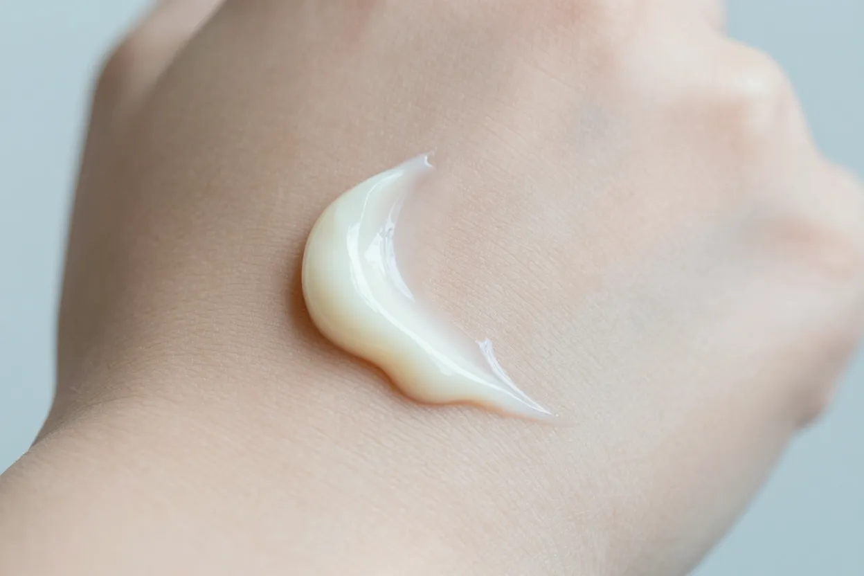 Extreme macro of pale ivory cream being absorbed into fair skin, transitioning from a dollop into a thin translucent film under soft diffused light