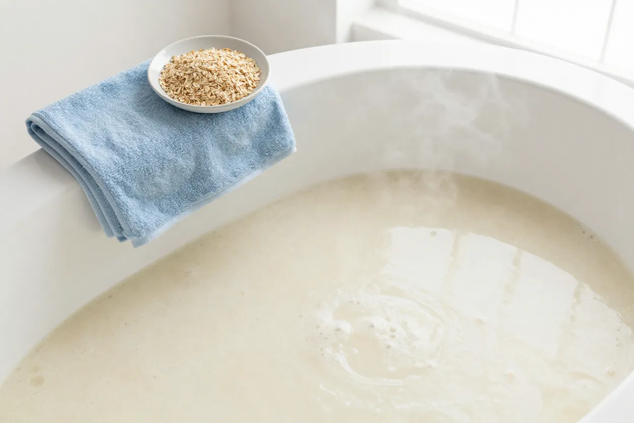 Overhead view of a milky colloidal-oatmeal bath with a folded pale-blue cotton towel and a small ceramic dish of raw oatmeal flakes on the edge of a matte white freestanding tub