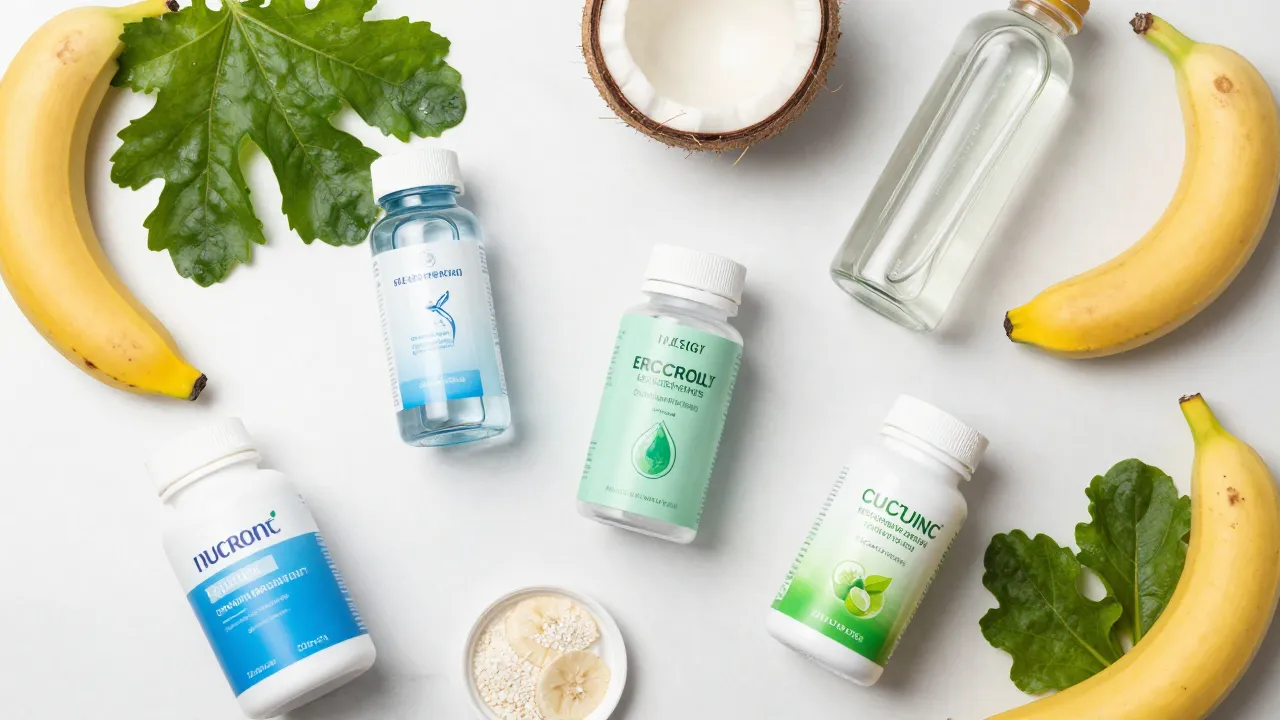 Various electrolyte supplement brands with mineral-rich foods like bananas and coconut water