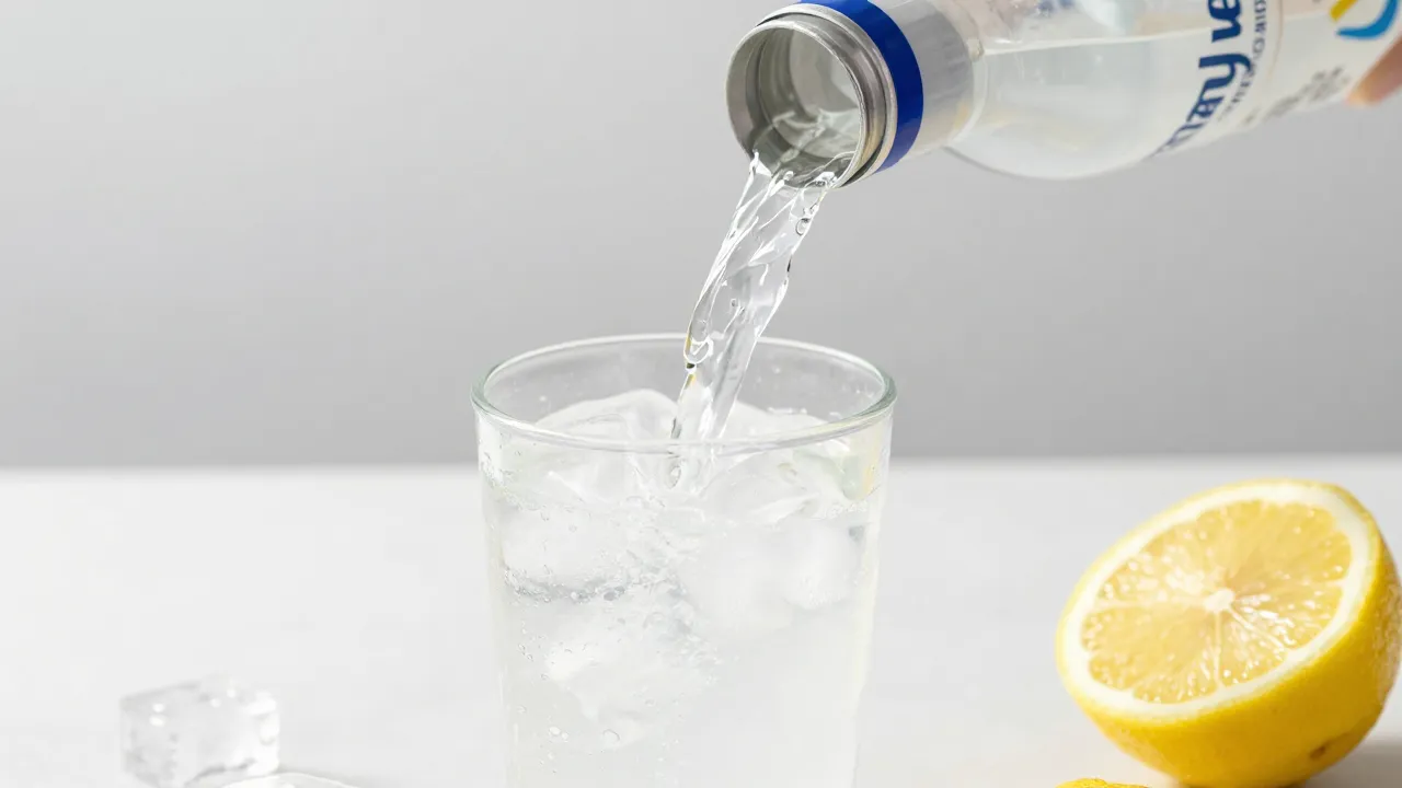 Electrolyte drink being poured into glass with ice and lemon in fitness lifestyle setting