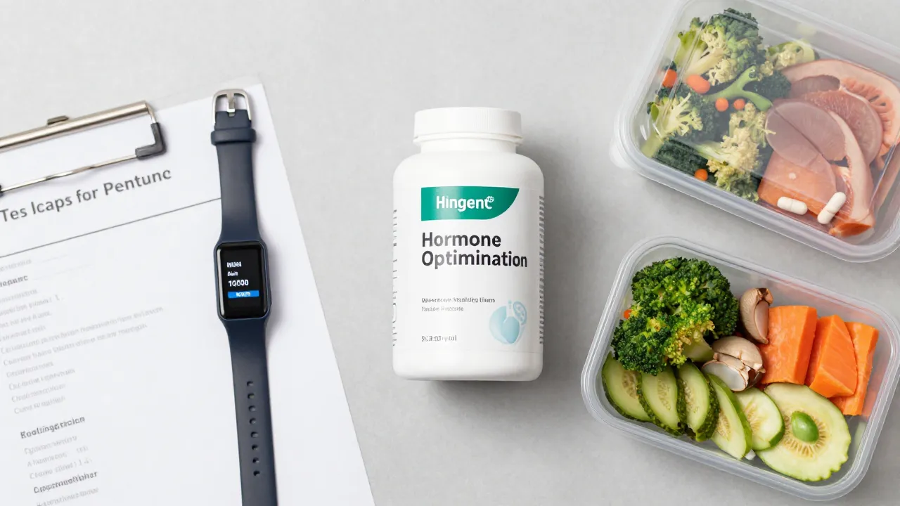 Men's health flat lay with hormone optimization supplements, fitness tracker, and meal prep