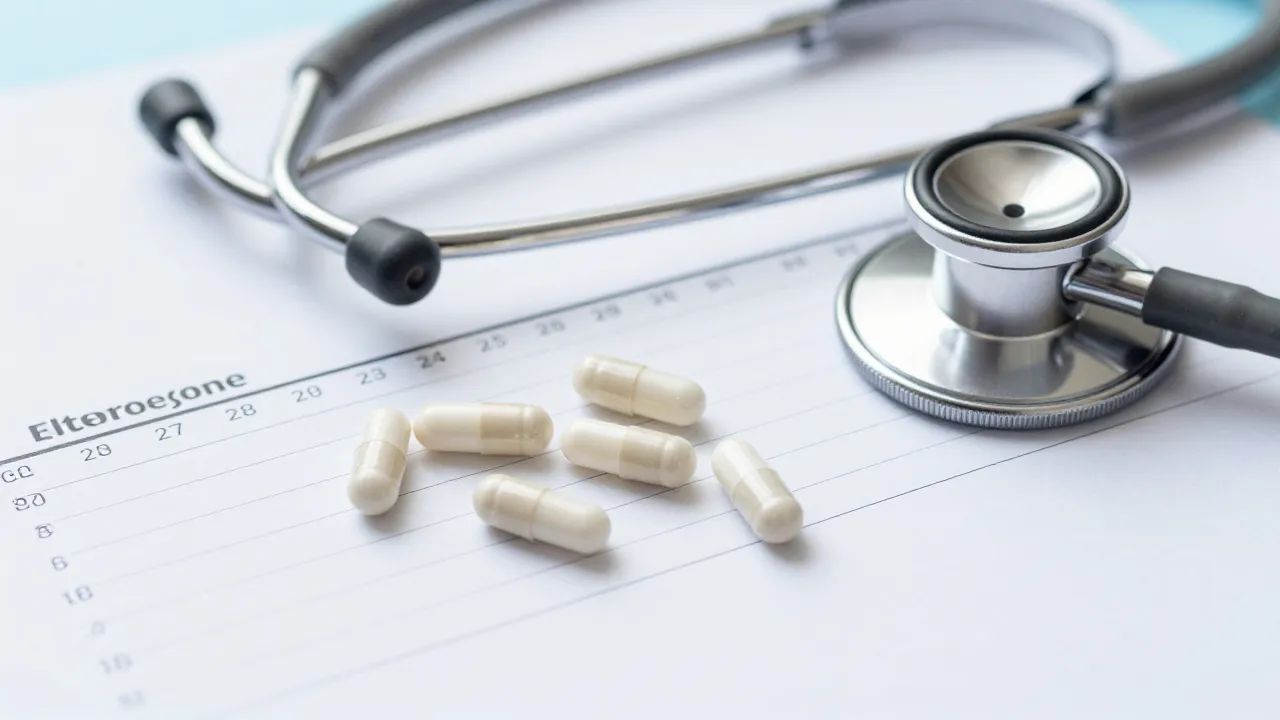 Pharmaceutical capsules next to testosterone level chart and stethoscope