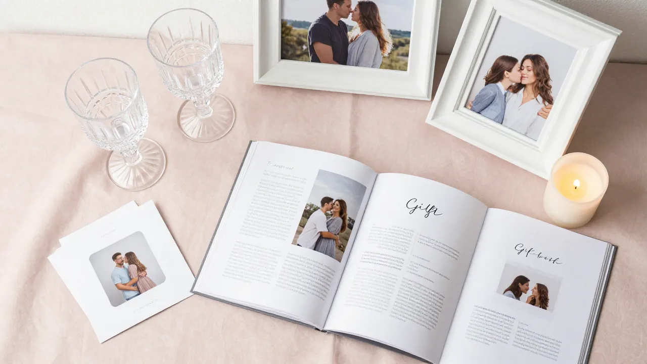 Curated engagement party gifts including crystal glasses, picture frames, and candles on blush fabric