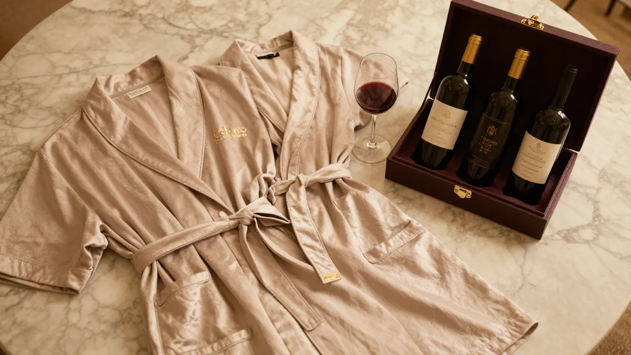Luxury couple gifts including matching robes, wine set, and engraved items on marble surface