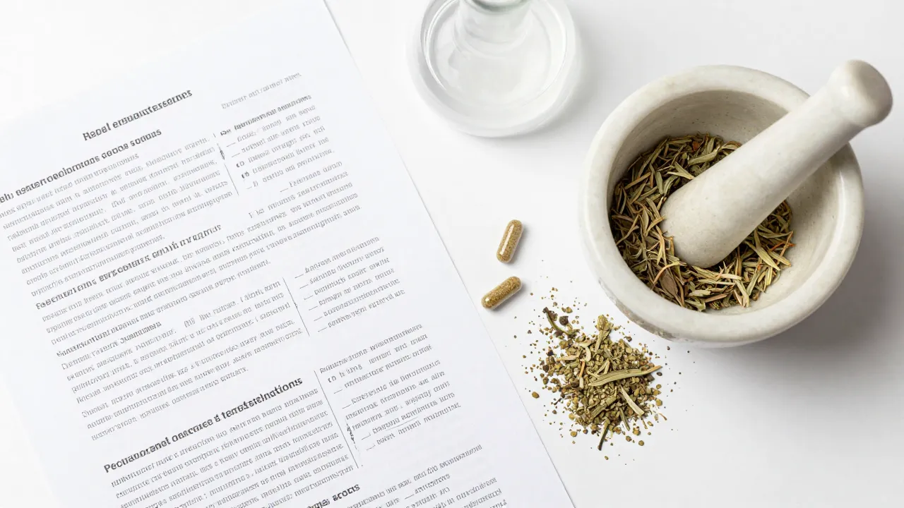 Herbal testosterone supplements with research papers, mortar and pestle with dried herbs