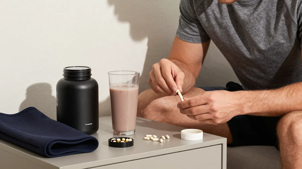 Man's supplement routine with capsules, protein shake, and workout gear on modern nightstand