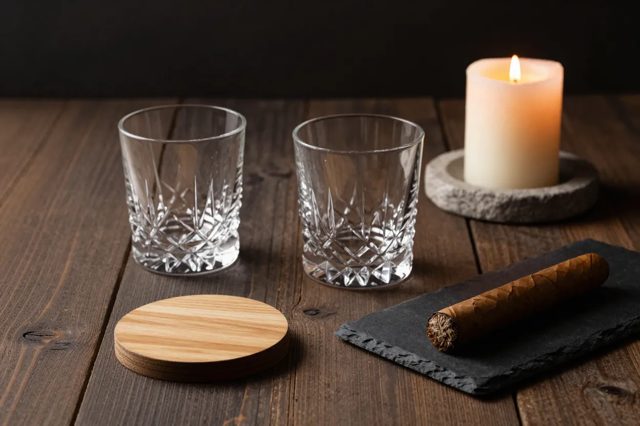 Two heavy crystal whiskey tumblers, wooden coaster, unlit wax candle in stone holder, and slate board on dark oak