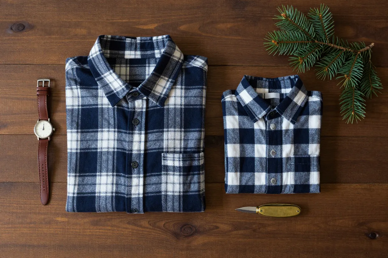 Folded matching adult and baby plaid flannel shirts, brown leather watch strap, small brass pocket knife, and pine sprig on dark oak