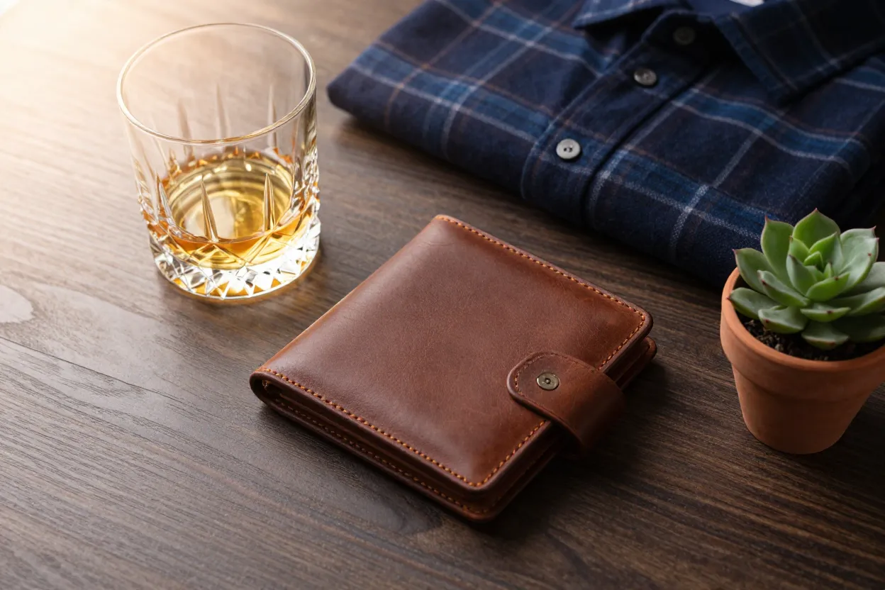 Leather wallet, heavy crystal whiskey tumbler, folded plaid flannel, and potted succulent on dark oak desk at late afternoon