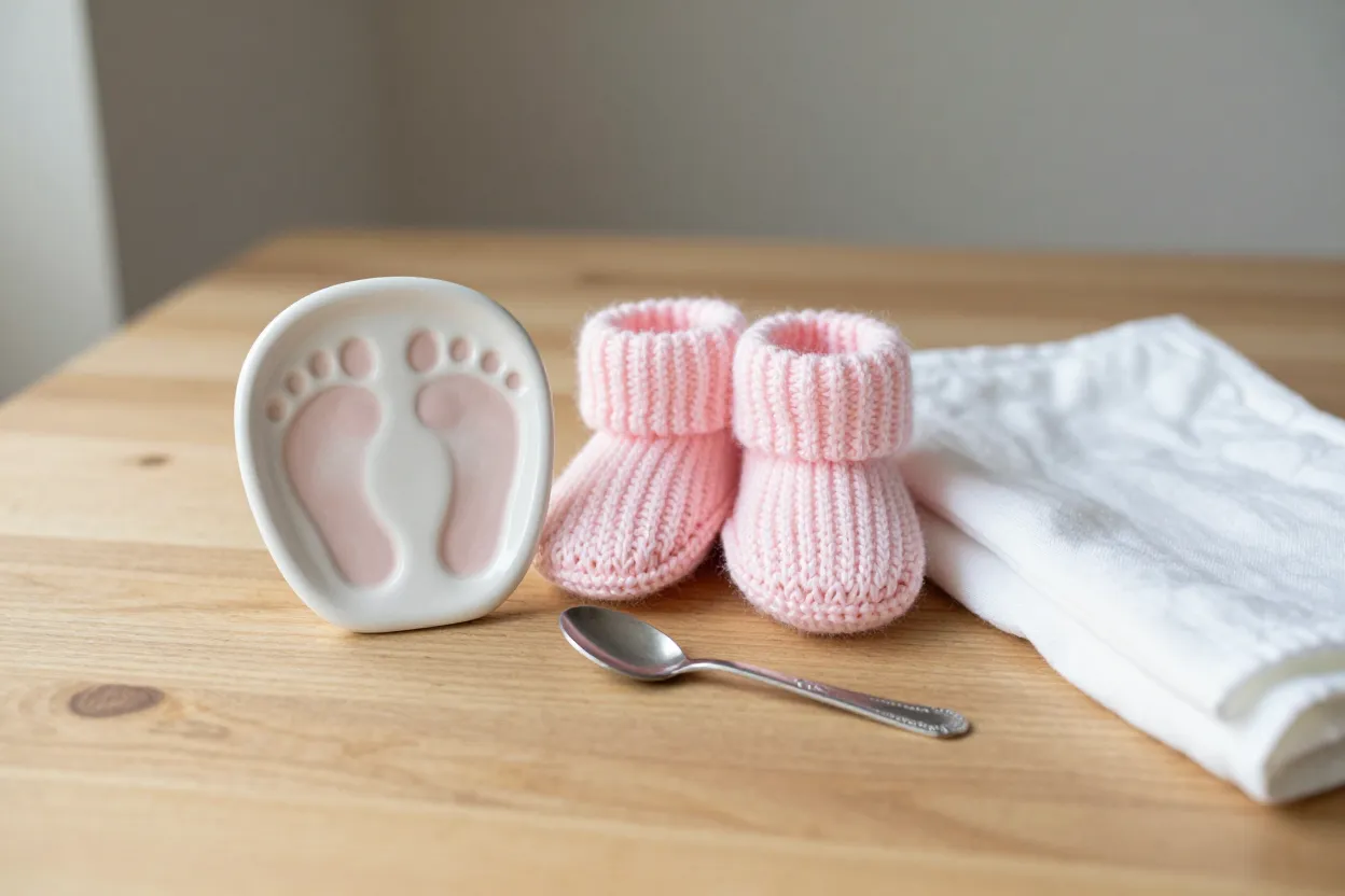 Ceramic baby-footprint keepsake plaque, knit pink newborn bootie, silver baby spoon, and folded white swaddle on oak