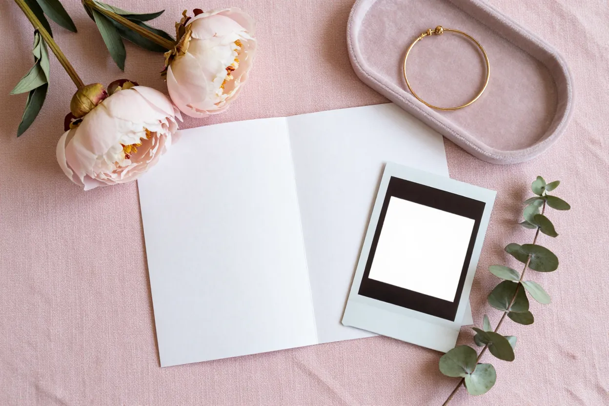 Open handwritten greeting card, dried pink peonies, gold bracelet on velvet tray, blank polaroid, and eucalyptus on pink linen