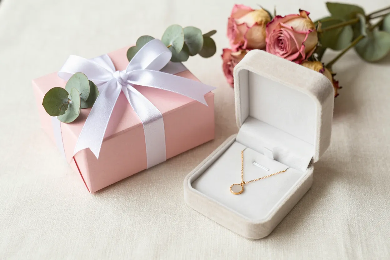 Pastel pink gift box with white silk ribbon, eucalyptus sprig, dried roses, and gold necklace in a velvet box on cream linen