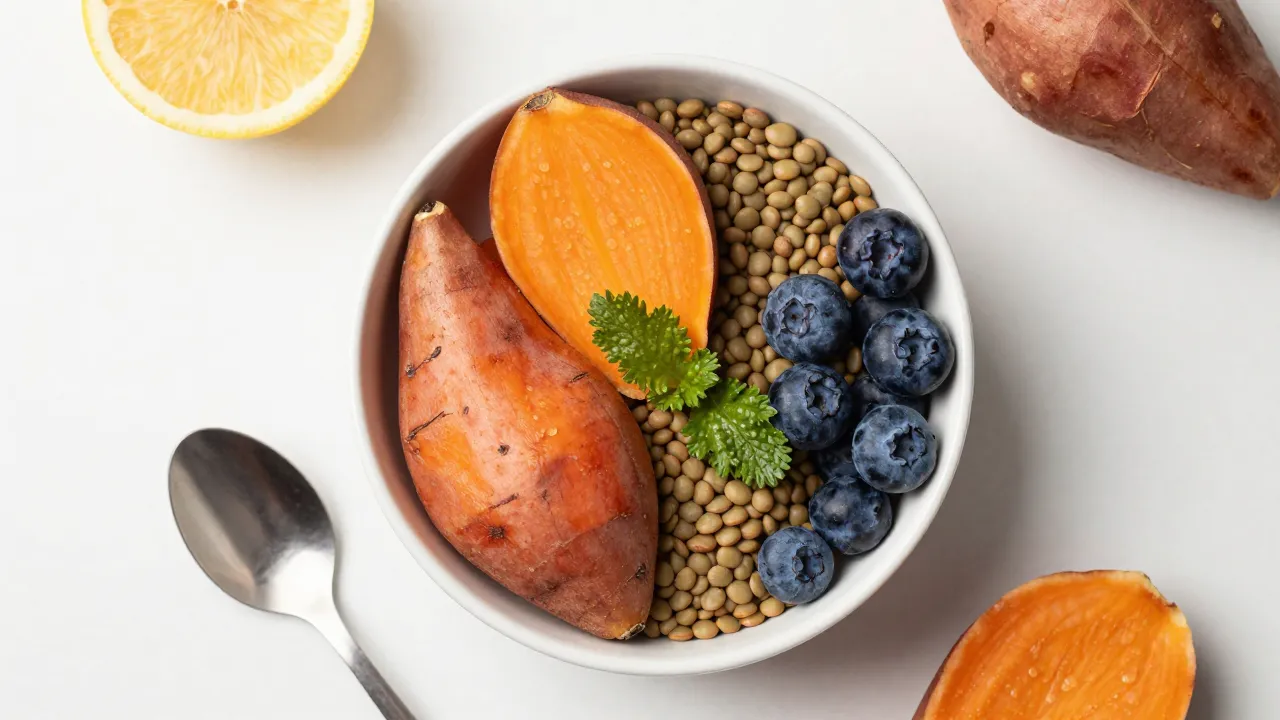 Balanced meal bowl with biotin-rich foods like sweet potatoes, lentils, and berries for hair health