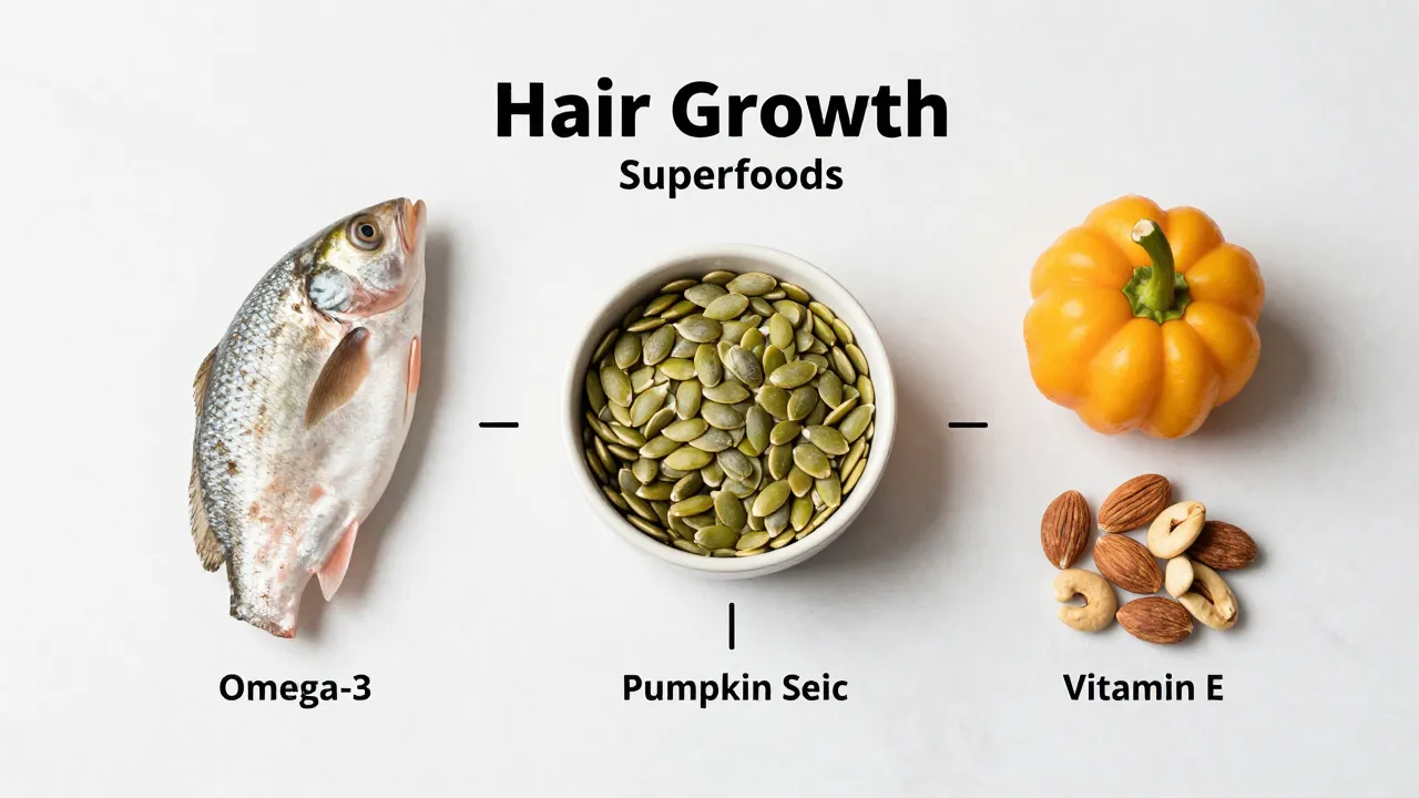 Hair growth superfoods flat lay with omega-3 rich fish, pumpkin seeds, and vitamin E nuts on marble